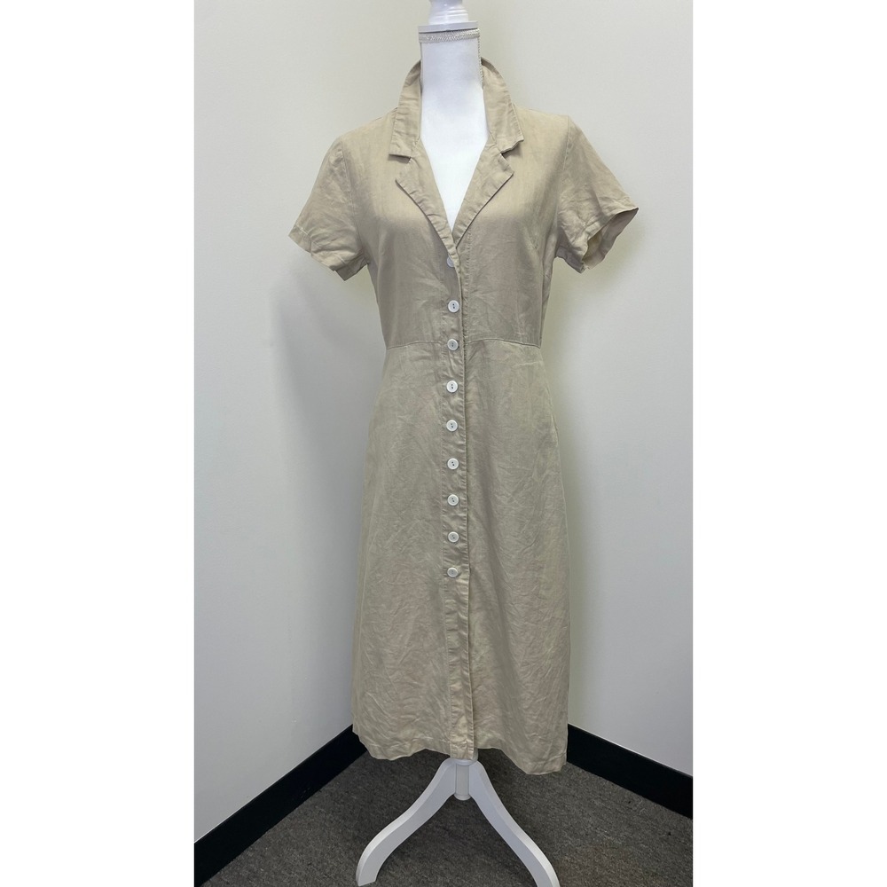 Quince 100% Organic Linen Shirt Dress Sand Beige Button Front Midi Womens Small